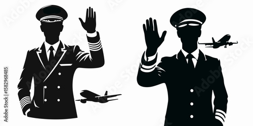 A Pilot greeting passengers. Career Job Profession Occupation Employment Work Clipart Line Art Vector Illustration. Airplane operator welcome aboard to public friendly aviation commencement.