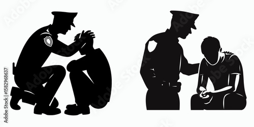 A Police officer comforting victim. Career Job Profession Occupation Employment Work Clipart Line Art Vector Illustration. Law enforcement agent giving solace to injured person after sad.