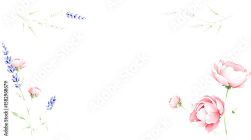 This vibrant floral frame with pink spring flowers creates a beautiful nature-inspired card design