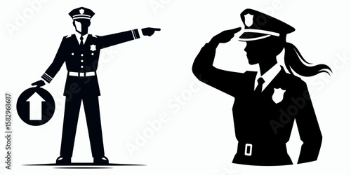 A Police officer directing traffic. Career Job Profession Occupation Employment Work Clipart Line Art Vector Illustration. law enforcement agent guiding motor vehicle flow ensuring roadway.