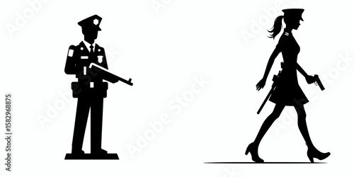 A Police officer patrolling street. Career Job Profession Occupation Employment Work Clipart Line Art Vector Illustration. Law enforcement agent watching avenue maintaining public order.