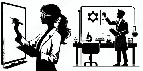 A Scientist writing on whiteboard. Career Job Profession Occupation Employment Work Clipart Line Art Vector Illustration. Researcher noting formula upon erasable panel for study learning.