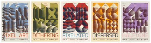 Composition of pixel gradation elements, abstract ornament with dithering form in retro 8-bit aesthetics, 3d bitmap geometric shape pattern, vector halftone pixelated poster in A4 format