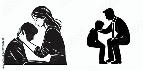A Teacher comforting student. Career Job Profession Occupation Employment Work Clipart Line Art Vector Illustration. Educator giving solace aid love support to pupil in time of need.