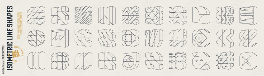 Εκτύπωση καμβά Isometric line brutal 3D shapes, Postmodern abstract geometric graphic frame ele