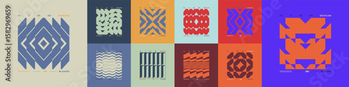 Kit of Postmodern geometric compositions with abstract shapes in brutalism aesthetics, mosaic of brutal figures, trendy color retro futuristic elements, vector modernist ornament, cards art 16