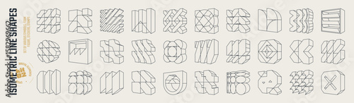 Isometric line brutal 3D shapes, Postmodern abstract geometric graphic frame elements, Brutalism volumetric carcass various form, trendy cyber design symbols in futuristic aesthetics, vector set 2