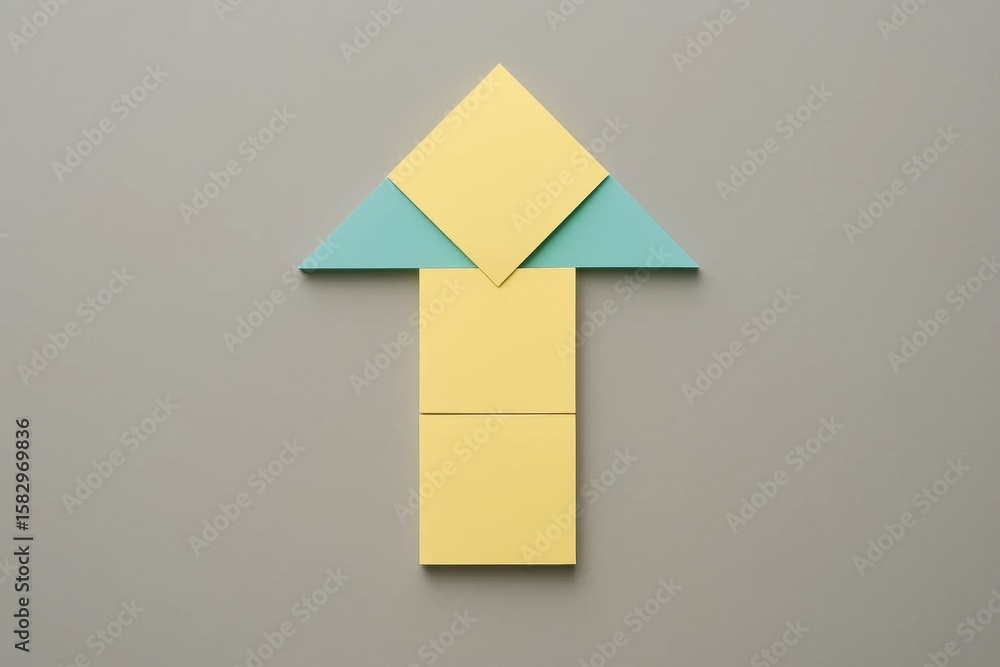 Upward pointing arrow formed by pastel yellow squares and light blue triangles on a minimalist gray background, symbolizing growth, progress, and clear direction. Upward pointing arrow formed by pastel yellow squares and light blue triangles on a minimalist gray background, symbolizing growth, progress, and clear direction.