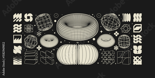 Vector graphic assets kit acid style, Postmodern abstract geometric shapes with wireframe elements of different forms, Y2K trendy design in brutalism aesthetic, template symbols set 19