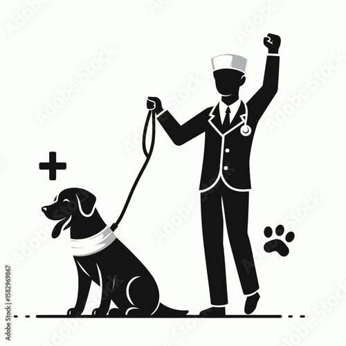 A Veterinarian celebrating recovery. Career Job Profession Occupation Employment Work Clipart Line Art Vector Illustration. Animal doctor joy after ailment treatment wellness event.