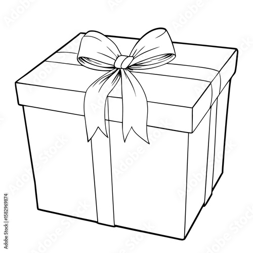 Capacious gift box with ribbon in line drawing style  