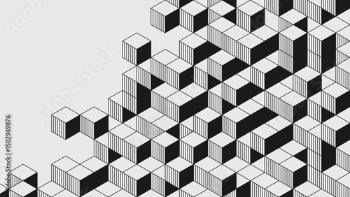 Abstract modern composition in brutalism style, Postmodern geometric ornament with simple shapes in black and white colors, dynamic optical illusion bold aesthetic, 3D isometric cube puzzle