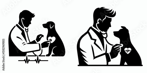 A Veterinarian checking heartbeat. Career Job Profession Occupation Employment Work Clipart Line Art Vector Illustration. Animal doctor examining cardiac function vital signs assessment.