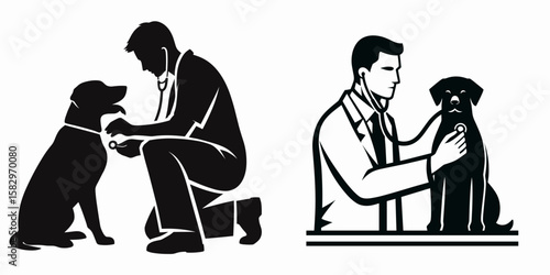 A Veterinarian examining dog. Career Job Profession Occupation Employment Work Clipart Line Art Vector Illustration. Animal doctor checking canine patient for health using proper procedure.