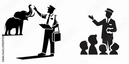 A Zookeeper educating visitors. Career Job Profession Occupation Employment Work Clipart Line Art Vector Illustration. Animal expert sharing zoo facts and insight with people on location.