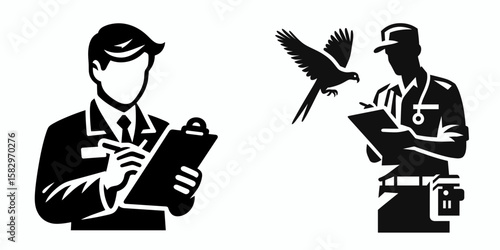 A Zookeeper documenting data. Career Job Profession Occupation Employment Work Clipart Line Art Vector Illustration. Keeper tracking facts about fauna at wildlife location for later.