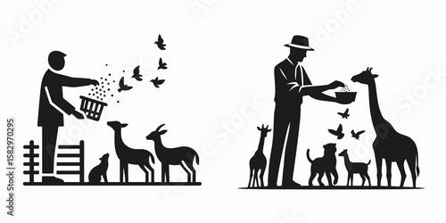 A Zookeeper feeding animals. Career Job Profession Occupation Employment Work Clipart Line Art Vector Illustration. Caregiver giving nourishment to creature at fauna park wildlife center.