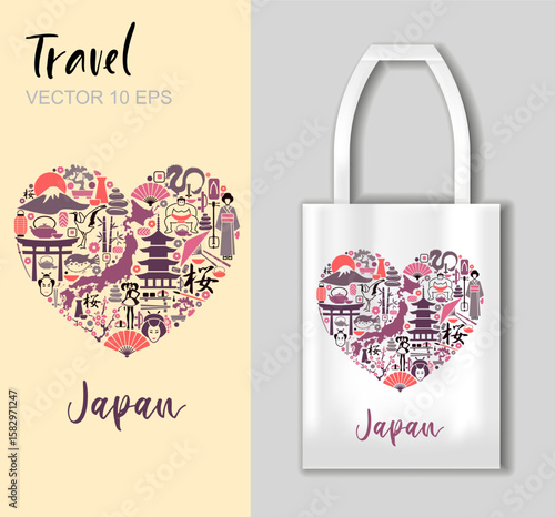 Heart shaped vector with traditional Japanese symbols and tote bag mockup for travel prints, souvenirs, and cultural designs.