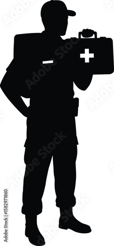 Paramedic with a first aid kit silhouette vector art black color design and solid white background 
