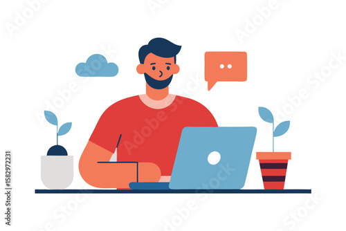 A man works on his laptop with a chat bubble