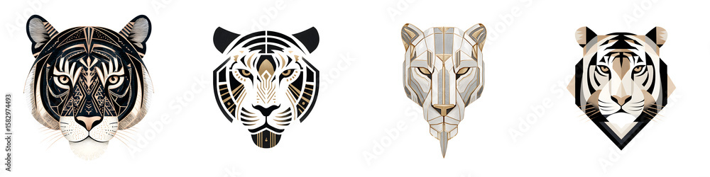 Obraz premium Geometric Tiger Head Vector Set on White Background