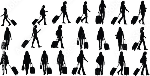 Silhouette of women walking with luggage, female traveler vector, airport passenger clipart, travel woman icon, vacation graphic art