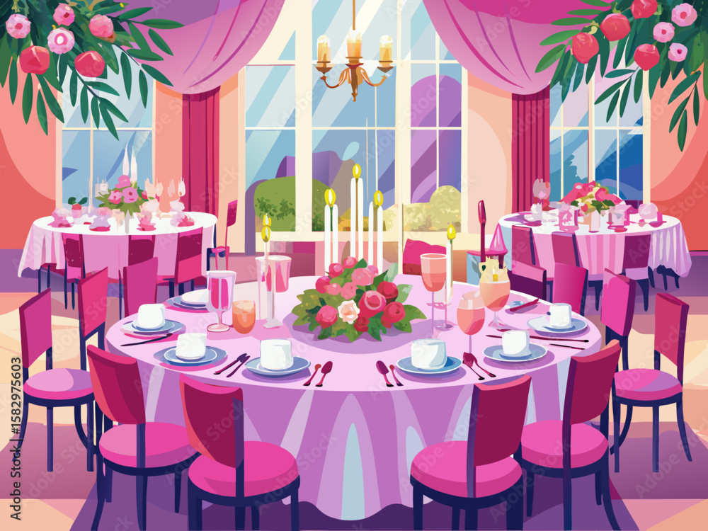 Obraz premium vector of Pink table set for wedding ceremony. Setting up a luxurious and beautiful dinner table in a restaurant with glasses, dishes, flower arrangement...