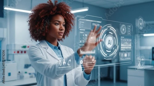 African American Scientist Interacting with AI Interface in Modern Lab