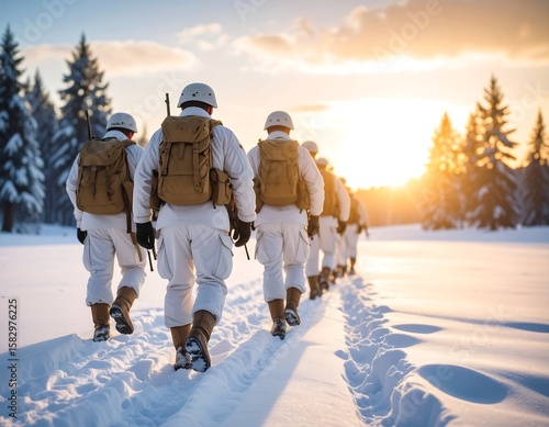 Soldiers marching in snowy landscape at sunset