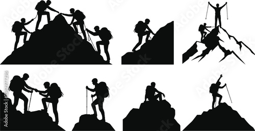 Silhouettes of hikers climbing mountains, teamwork in outdoor trekking, reaching summit, helping each other, mountaineering adventure vector illustration pack