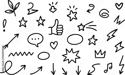 Hand-drawn sketch style doodle elements. Includes arrows, stars, hearts, lightning, bubbles, thumbs up, and other fun cartoon icons for decoration or annotation