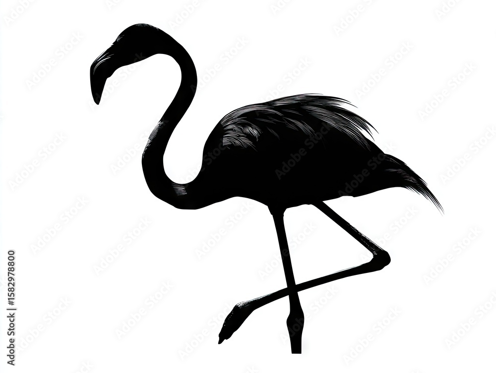 Fototapeta premium Silhouette of a flamingo, profile view, black ink, on white