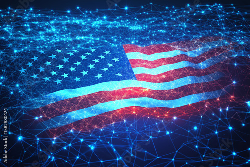 American flag in digital cyberspace, symbolizing technology and patriotic cybersecurity concepts