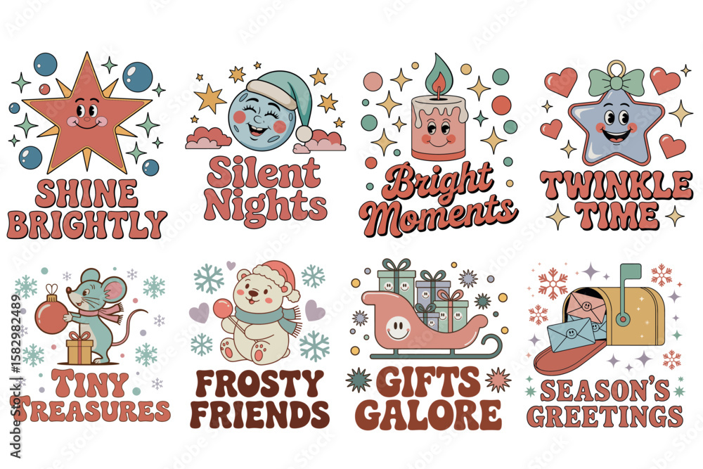 Naklejka premium Holiday character set quotes flat vector muted tones clipart bundle