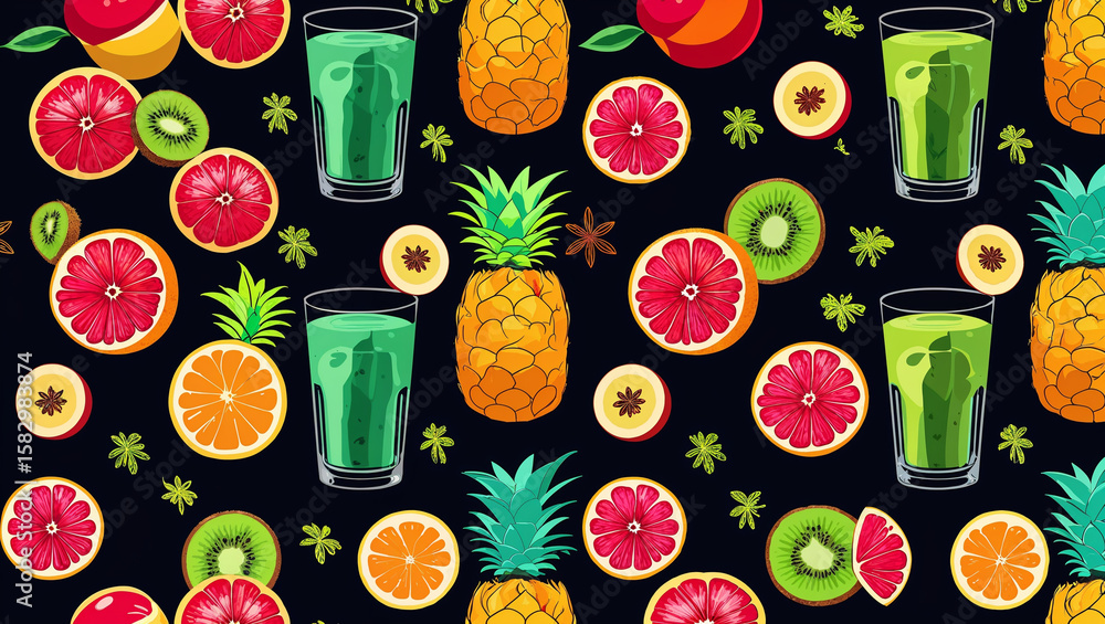 Vibrant refreshing fruit and juice seamless pattern in a delicious and healthy design