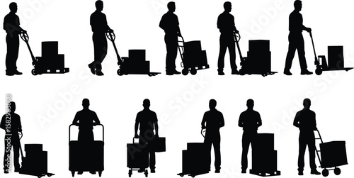 Warehouse worker silhouette with hand truck, moving boxes, cargo delivery, shipping concept, logistics, industrial labor vector illustration