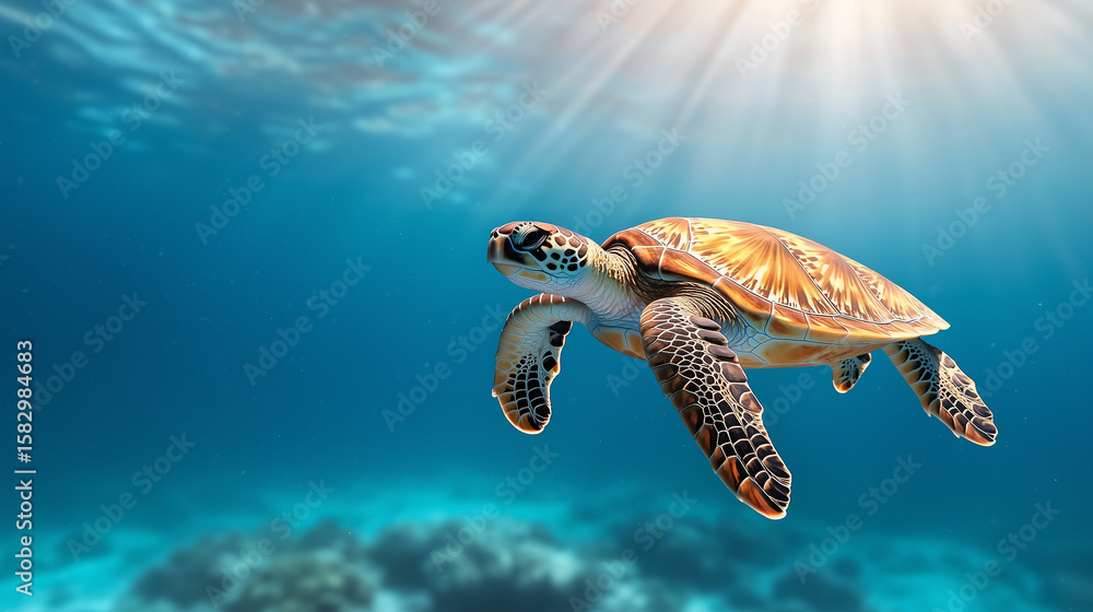 Fototapeta premium Overhead shot of a sea turtle swimming over a vibrant coral reef with its shadow cast on the ocean floor below.