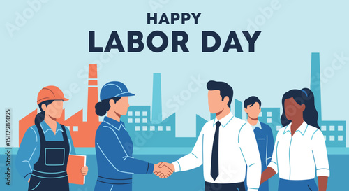 Diverse workers in industrial setting celebrate Labor Day with handshakes and unity, honoring hard work and employment.