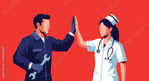 A male mechanic and a female nurse high-fiving, symbolizing essential worker collaboration and appreciation, depicted in a modern flat vector illustration.