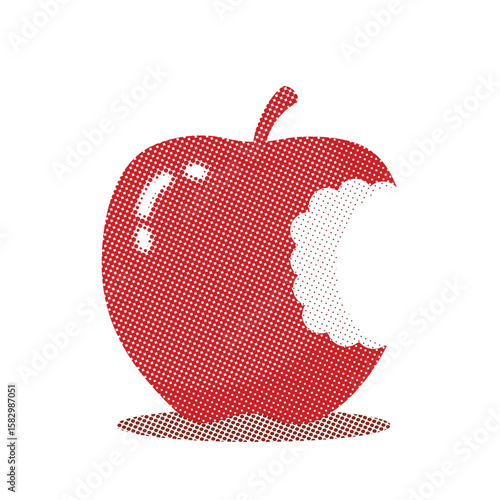 Apple design in halftone style. Halftone dots forming a bitten apple. Contemporary retro design, popular art. Red apple halftone