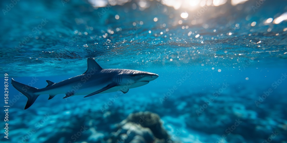 Fototapeta premium A shark swimming in the deep blue ocean with a coral reef below and sun above. A classic underwater shot for wildlife and nature lovers