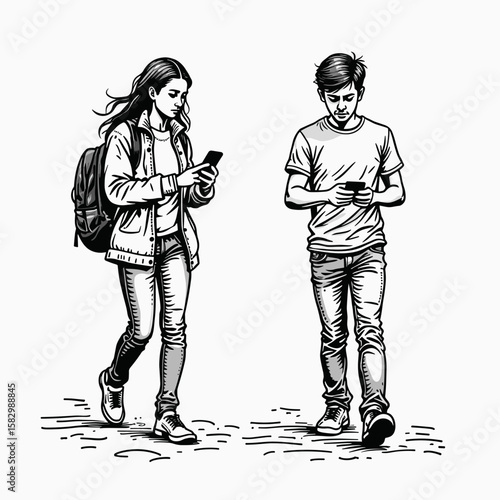 Young man and woman walking while using smartphones outdoors  