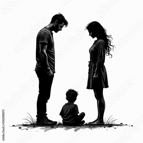 Separated parents standing apart while child sits between them, decision moment - Concept of relationships, domestic life, psychology  