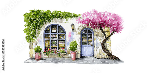Charming Of A Rustic Shopfront With Vibrant Foliage And Blossoming Tree Watercolor Illustration Isolated On Transparent Background