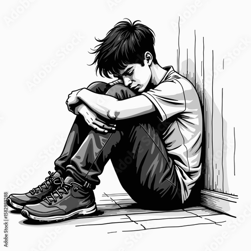 Teenager sitting on the floor with head down in expression of sadness - Concept of relationships, daily life, psychology  