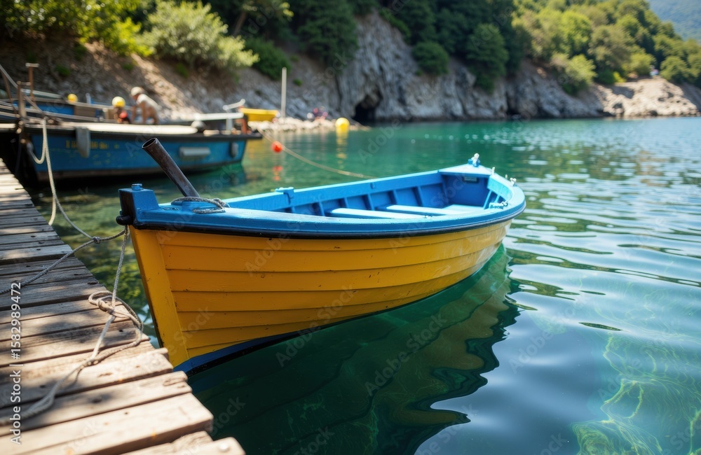 Colorful wooden boat floating near dock on calm water with lush green trees in background Colorful wooden boat floating near dock on calm water with lush green trees in background