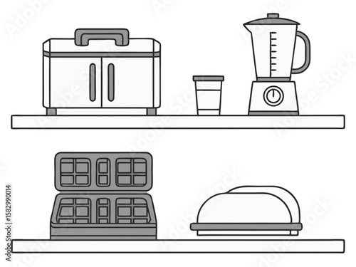 Kitchen appliances arranged on shelves for cooking and baking