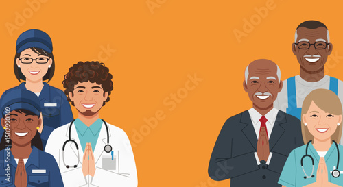 A diverse group of smiling professionals, including doctors, nurses, and workers, stand together on an orange background, representing community and unity.