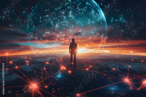 A silhouette of an individual standing on the horizon, surrounded by digital connections and glowing light points representing global connectivity, symbolizing advanced technology as they stand at the
