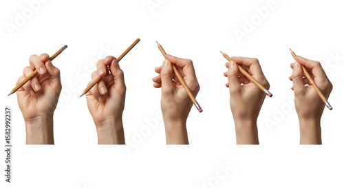 Collection of Hands Holding Pencil in Upright and Diagonal Writing Poses Isolated on White Background